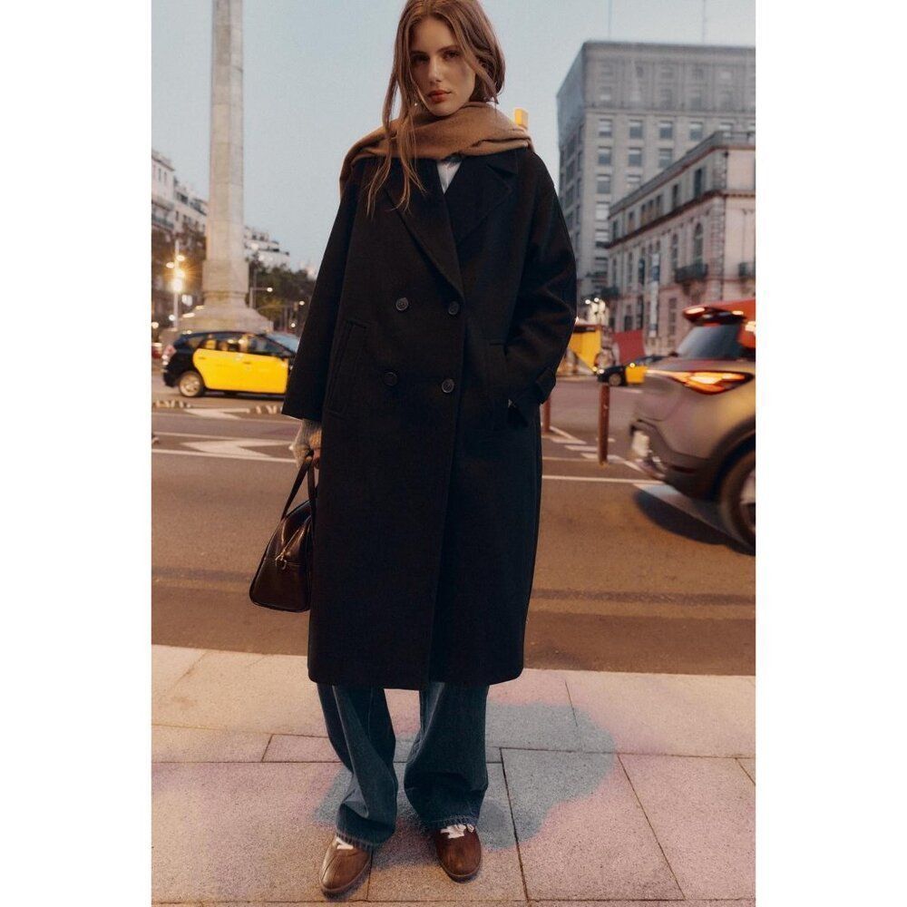 Zara Womens Soft Oversized Coat Large Black Button Double Breasted 3045/298 NWT